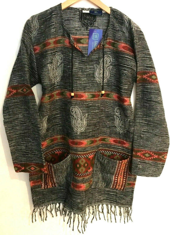 Festival Stall LTD Boho festival Clothing Boho hippie TUNIC grey winter warm tassel long sleeve blouse top 8 10 12 14