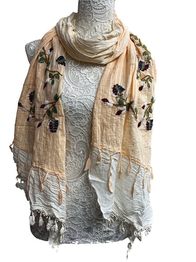 SCARF wrap tassel lettuce Embroidered boho hippie peach coral cream & ivory lace