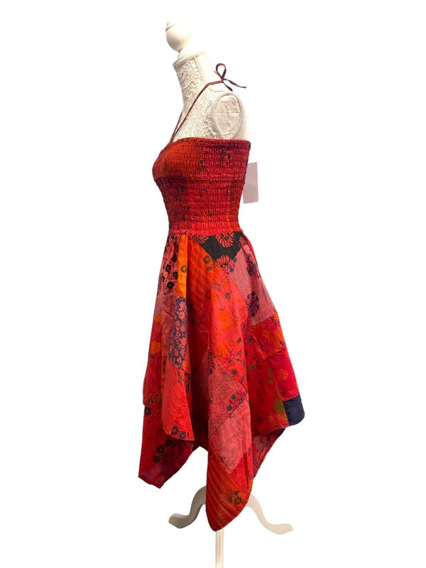 Festival Stall LTD Boho festival Clothing Short Dress RED patchwork sexy Boho Pixie hanky hem Festival Hippy gypsy UK 8 - 14