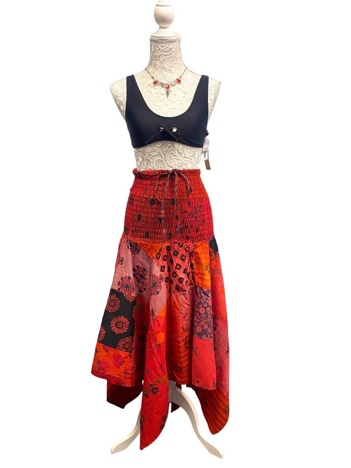 Festival Stall LTD Boho festival Clothing Short Dress RED patchwork sexy Boho Pixie hanky hem Festival Hippy gypsy UK 8 - 14