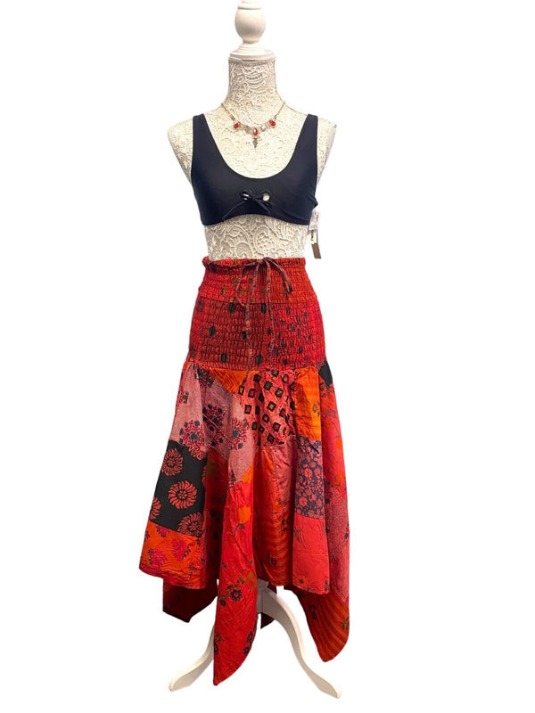 Festival Stall LTD Boho festival Clothing Short Dress RED patchwork sexy Boho Pixie hanky hem Festival Hippy gypsy UK 8 - 14