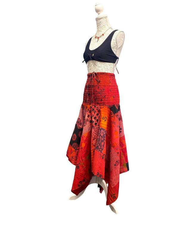 Festival Stall LTD Boho festival Clothing Short Dress RED patchwork sexy Boho Pixie hanky hem Festival Hippy gypsy UK 8 - 14