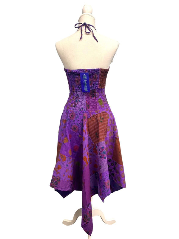 Festival Stall LTD Boho festival Clothing Short Dress PURPLE patchwork Boho Pixie hanky hem Festival Hippy gypsy UK 8 - 14