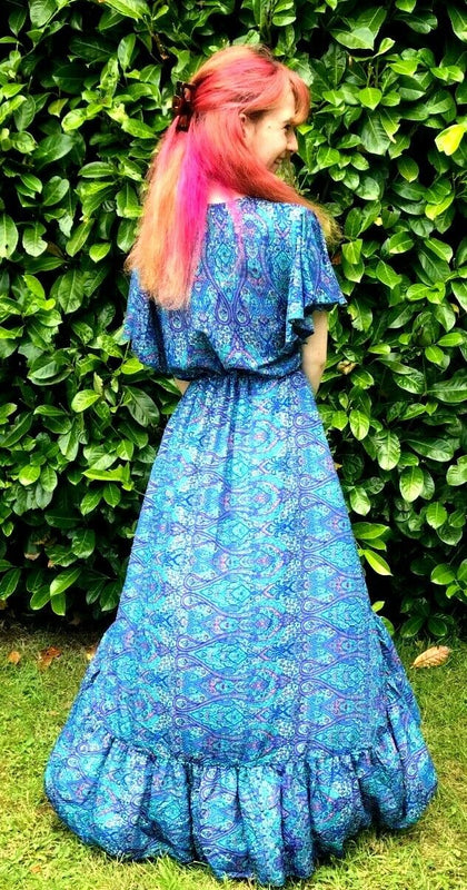 Festival Stall LTD Boho festival Clothing Electric Blue SILK maxi dress | Asymmetric long length Summer| Royal Elegant godess hippie | Vacation | Festival Wedding Party outfit