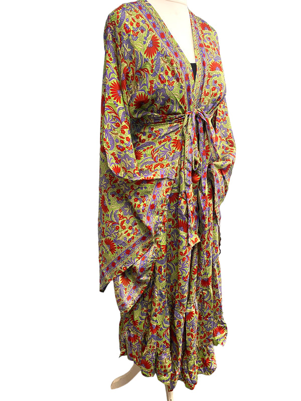 Boho hippie 100% silk kimono cover up wrap long gown robe dress duster coat lime