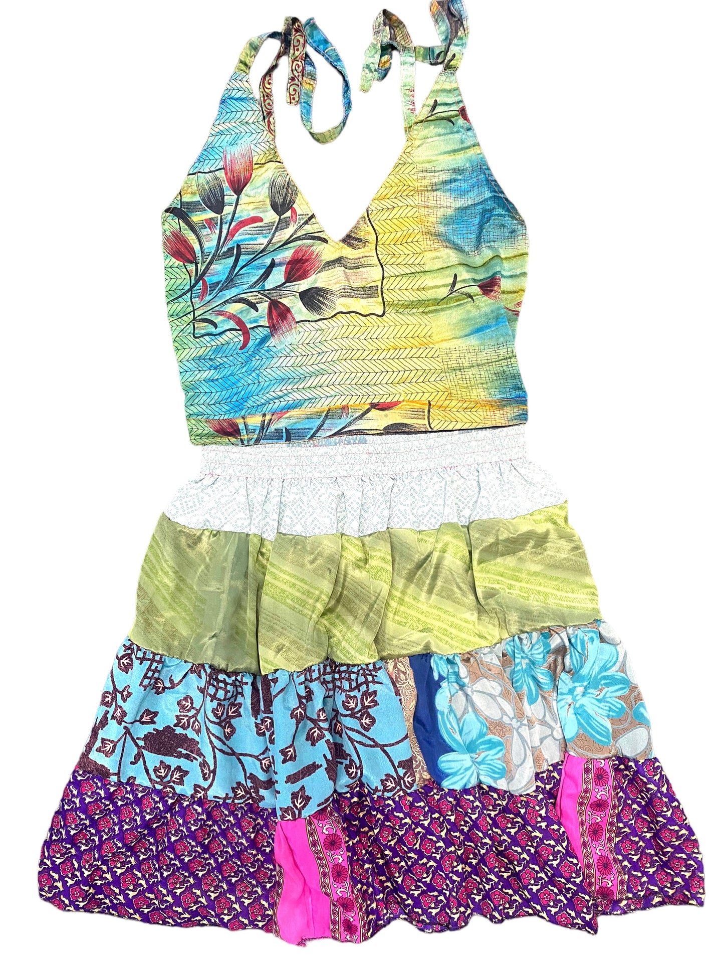 Crop Top & Mini Skirt Festival outfit Boho Hippy Sari Silk summer vest One Size