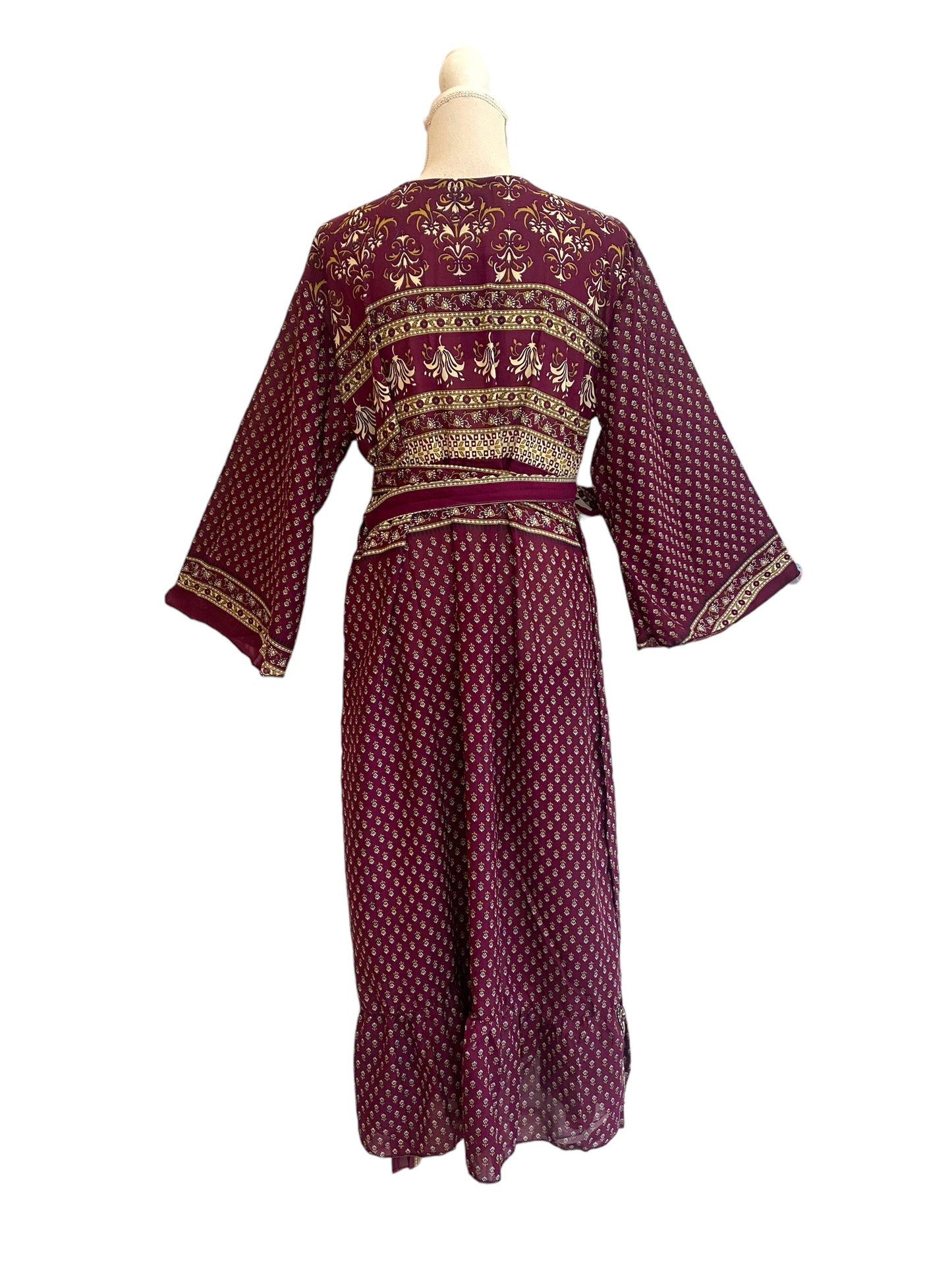 WRAP DRESS pretty Vintage Bell Sleeve Sari Silk Boho Hippy Festival party 14-20