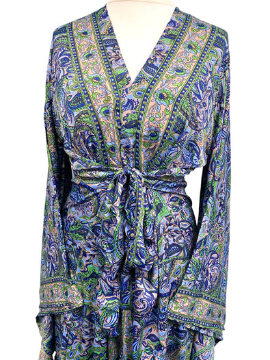 Boho hippie SILK Kimono Cover Up Wrap Long gown robe dress duster coat BLUE
