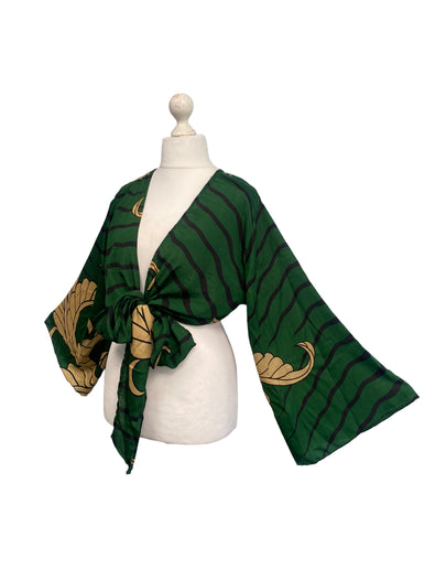 GREEN blouse Shrug crop top cover up Sari-Silk Boho Hippy Bell sleeve UK 16-20