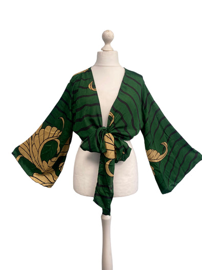 GREEN blouse Shrug crop top cover up Sari-Silk Boho Hippy Bell sleeve UK 16-20