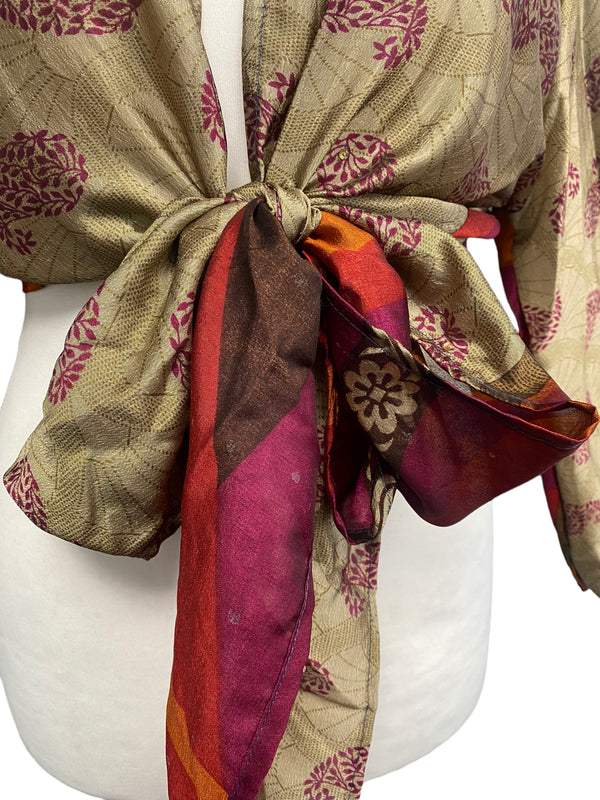 RED blouse Shrug crop top cover up Sari-Silk Boho Hippy Bell sleeve UK 16-20