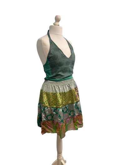 Crop Top & Mini Skirt Festival outfit Boho Hippy Sari Silk summer vest One Size