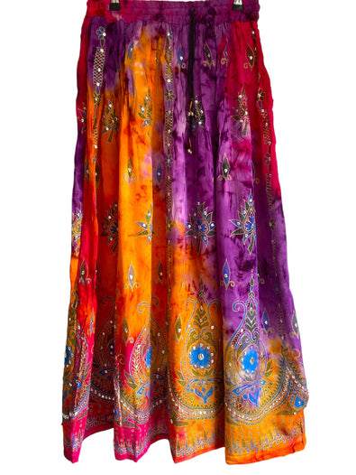 Peony Long Skirt, PINK & ORANGE, Tie Dye Sequined, Festival Boho Hippie Maxi style UK 8 10 12 14