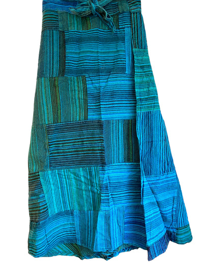 Turquoise Blue Long Patchwork Wrap Skirt, Boho Hippy Festival 100% Cotton summer Maxi length UK 8-16