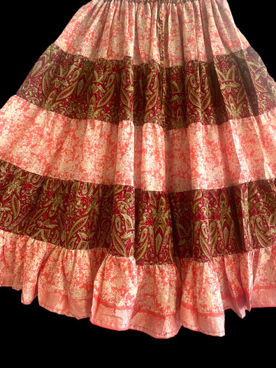 PINK & RED Full circle SARI SILK Glow Skirt - Size S-M-L adjustable waist, 25 ft , ATS, Silk Full Circle Skirt, Boho, Cosplay, Steampunk