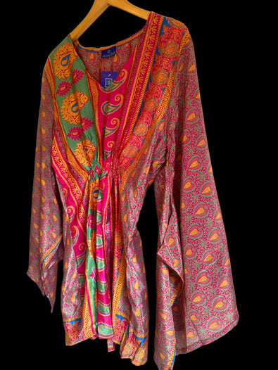 Kaftan Tunic Top, Pink, Yellow & Green  Boho hippy festival style, ,sari silk, Blouse, Beach