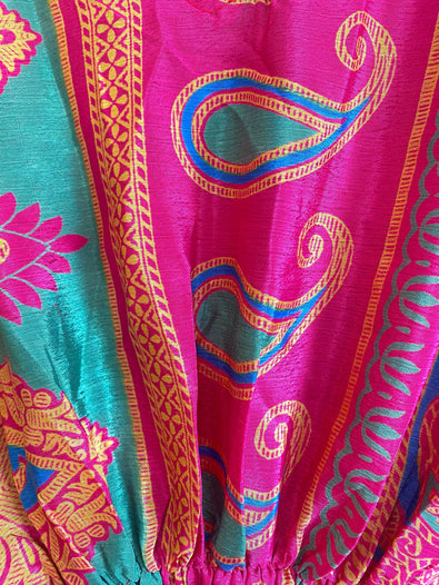 Kaftan Tunic Top, Pink, Yellow & Green  Boho hippy festival style, ,sari silk, Blouse, Beach