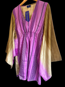 Kaftan Tunic Top, Purple & Beige  Boho hippy festival style, ,sari silk, Blouse, Beach