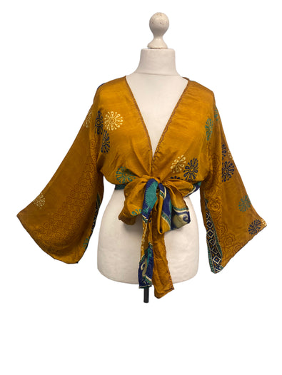 Festival Stall LTD Boho festival Clothing GOLD blouse Shrug crop top cover up Sari - Silk Boho Hippy Bell sleeve UK 16 - 20