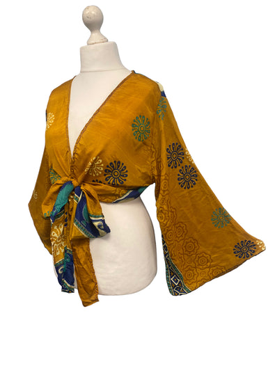Festival Stall LTD Boho festival Clothing GOLD blouse Shrug crop top cover up Sari - Silk Boho Hippy Bell sleeve UK 16 - 20