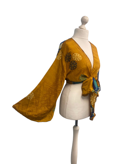Festival Stall LTD Boho festival Clothing GOLD blouse Shrug crop top cover up Sari - Silk Boho Hippy Bell sleeve UK 16 - 20