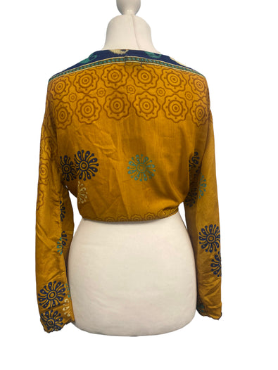 Festival Stall LTD Boho festival Clothing GOLD blouse Shrug crop top cover up Sari - Silk Boho Hippy Bell sleeve UK 16 - 20