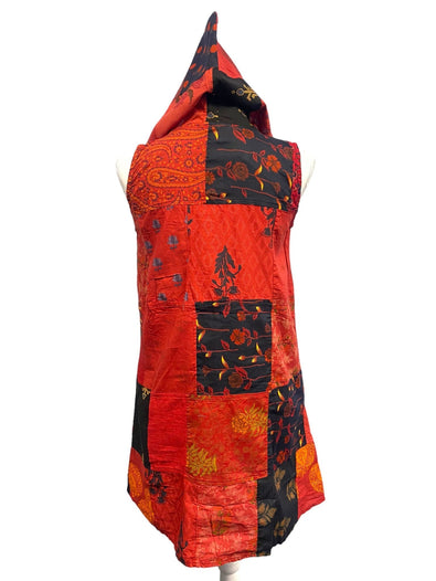 Festival Stall LTD Boho festival Clothing Short RED pixie tunic dress, Festival Boho Hippie, Patchwork Cotton hooded hoodie mini UK 8 10 12 14