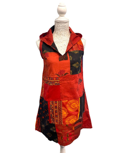 Festival Stall LTD Boho festival Clothing Short RED pixie tunic dress, Festival Boho Hippie, Patchwork Cotton hooded hoodie mini UK 8 10 12 14