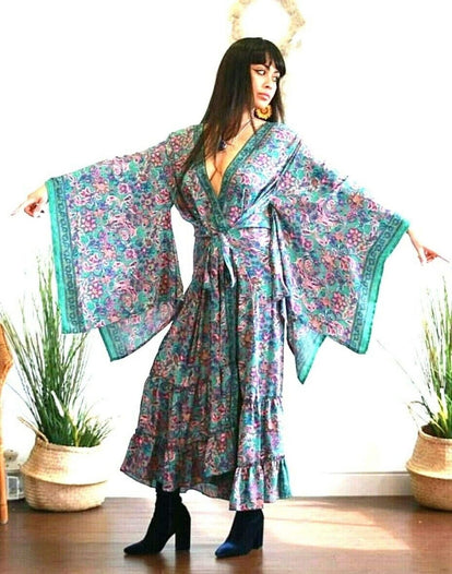 Boho hippie, festival, 100% silk, beach, kimono, cover up, belt wrap, long, red