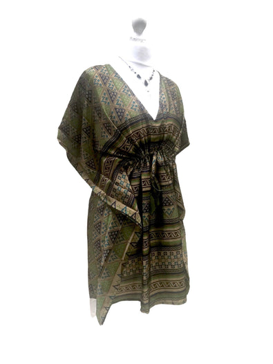 Boho hippy, festival, green sari silk, long tunic, kaftan top, cover up, dress, one size