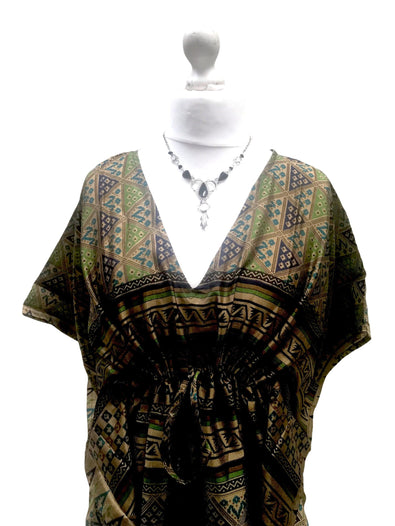 Boho hippy, festival, green sari silk, long tunic, kaftan top, cover up, dress, one size