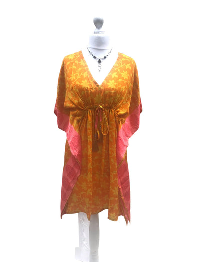 Boho hippy, festival, orange sari silk, long tunic, kaftan top, cover up, dress, one size