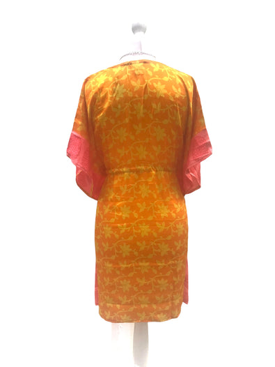 Boho hippy, festival, orange sari silk, long tunic, kaftan top, cover up, dress, one size