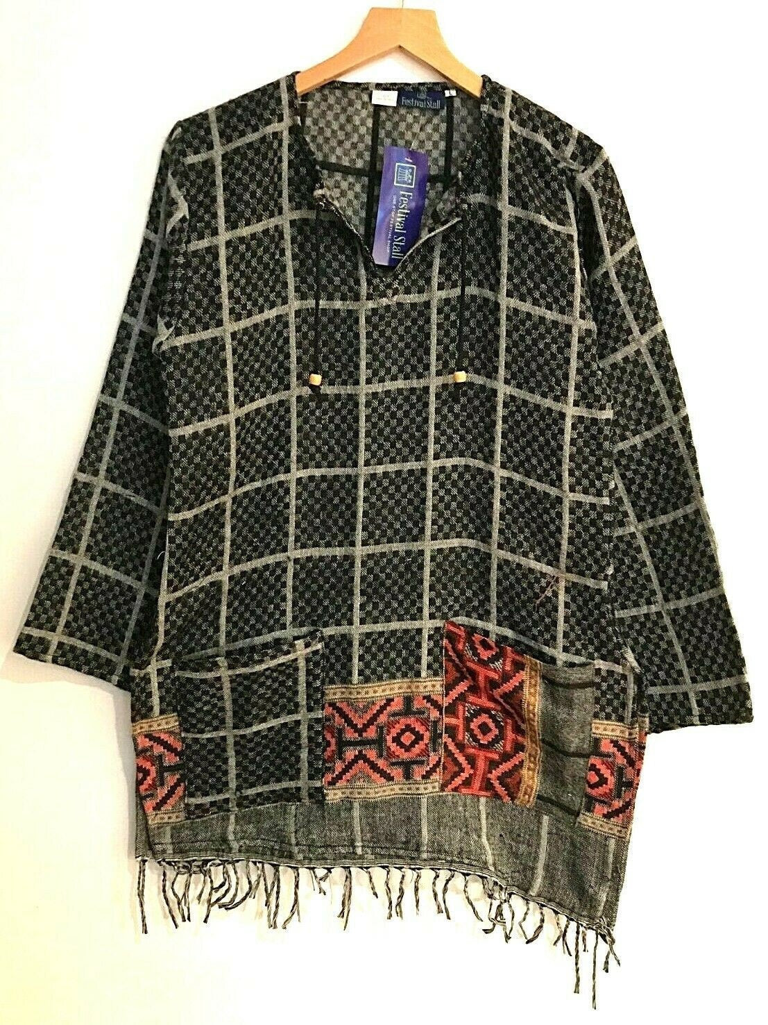 Festival Stall LTD Boho festival Clothing Boho hippie festival grey red warm tassel long sleeve blouse top tunic 12 14