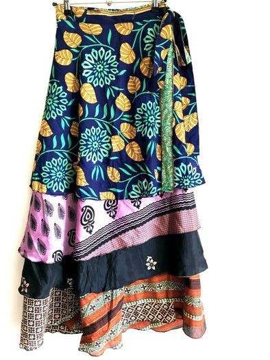 Layered Wrap Skirt, Boho Hippy Festival style, Sari Silk, Maxi long, Retro One size UK 8-18 US 4-14 ECO