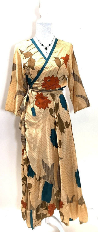 Boho hippy Festival Long maxi Sari-Silk pretty summer Wrap Dress UK 8 10 12 14