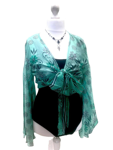 Boho hippy festival style, retro, Mint Green, Sari Silk, bell sleeve, Wrap Kimono kaftan, summer crop top UK 8 10 12 14, US 4 6 8 10