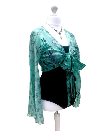 Boho hippy festival style, retro, Mint Green, Sari Silk, bell sleeve, Wrap Kimono kaftan, summer crop top UK 8 10 12 14, US 4 6 8 10