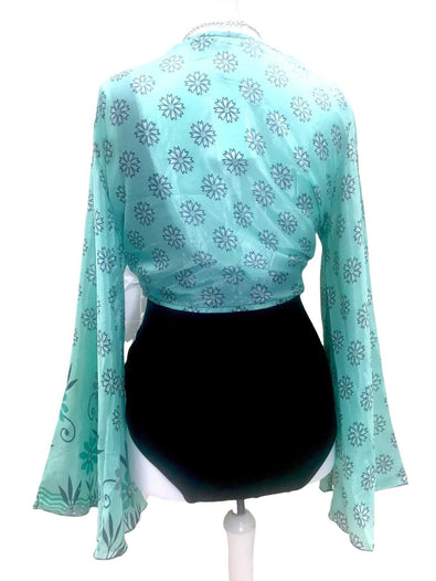 Boho hippy festival style, retro, Mint Green, Sari Silk, bell sleeve, Wrap Kimono kaftan, summer crop top UK 8 10 12 14, US 4 6 8 10