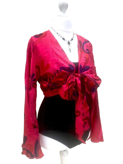 Boho hippy festival style, retro, Pink, Sari Silk, bell sleeve, Wrap Kimono kaftan, summer crop top UK 8 10 12 14, US 4 6 8 10