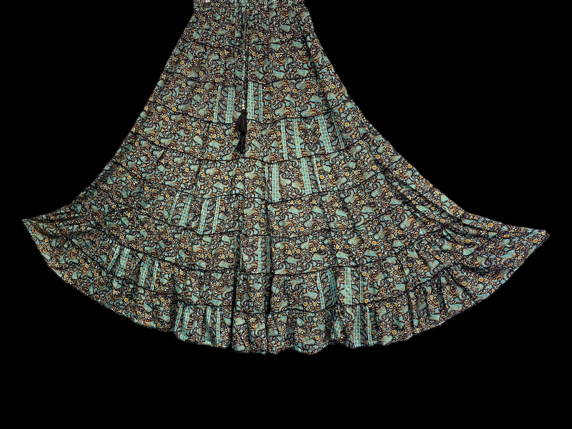 Festival Stall LTD Boho festival Clothing MINT Black SILK skirt, long layered maxi, pretty Festival Boho Hippie Gypsy party style UK 8 - 18