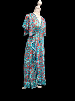 BLUE Pure Silk Wrap Dress long Boho Hippy Festival party wedding outfit UK 8-14