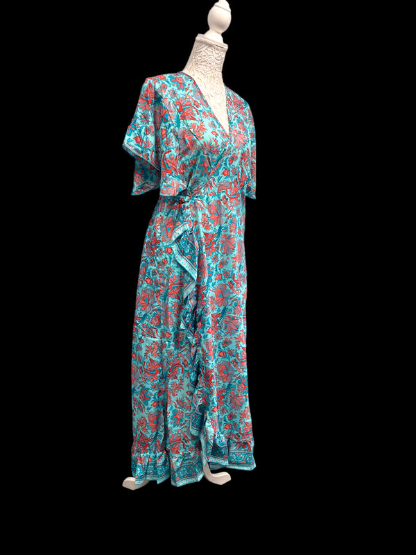 BLUE Pure Silk Wrap Dress long Boho Hippy Festival party wedding outfit UK 8-14