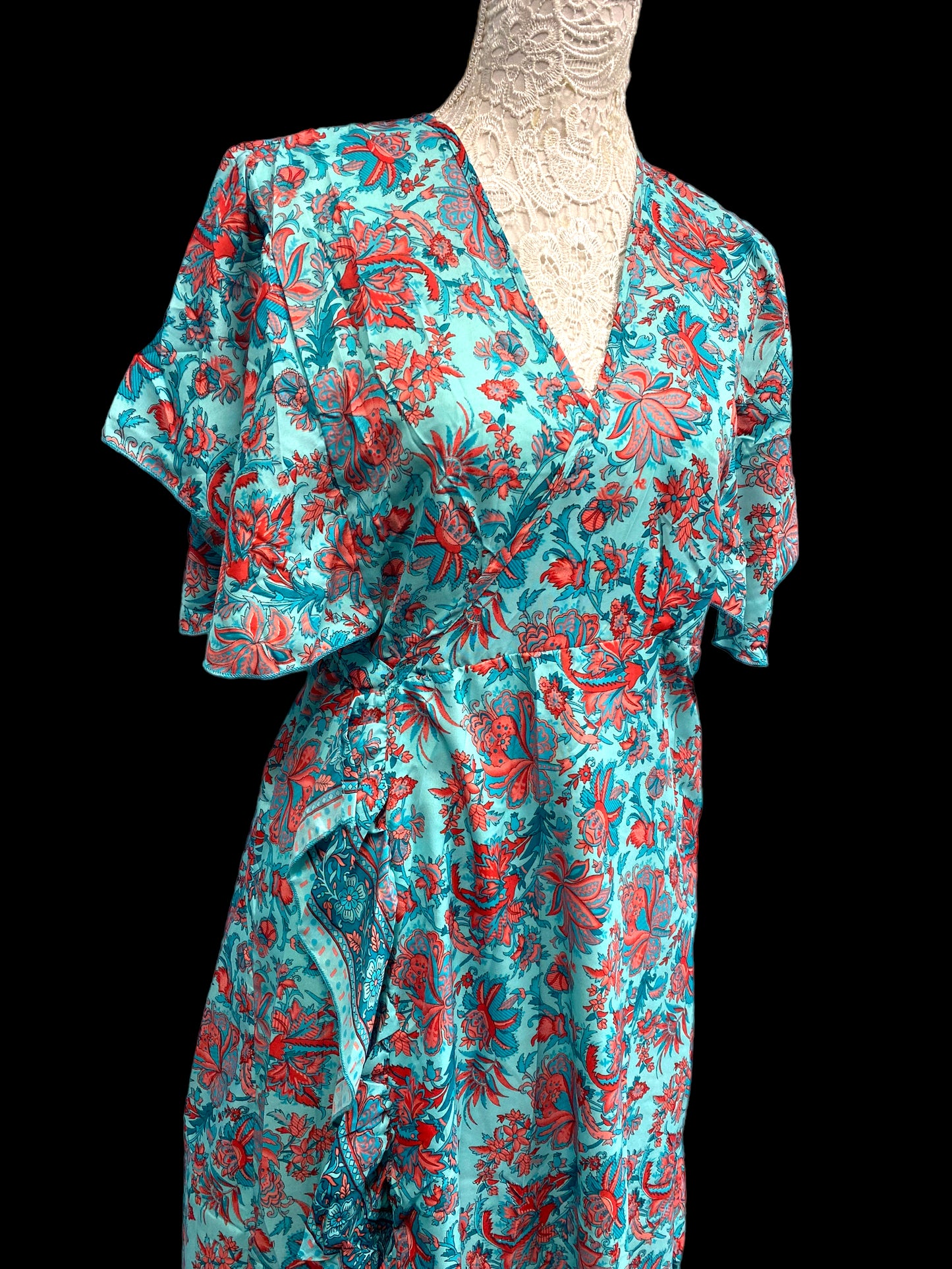 BLUE Pure Silk Wrap Dress long Boho Hippy Festival party wedding outfit UK 8-14