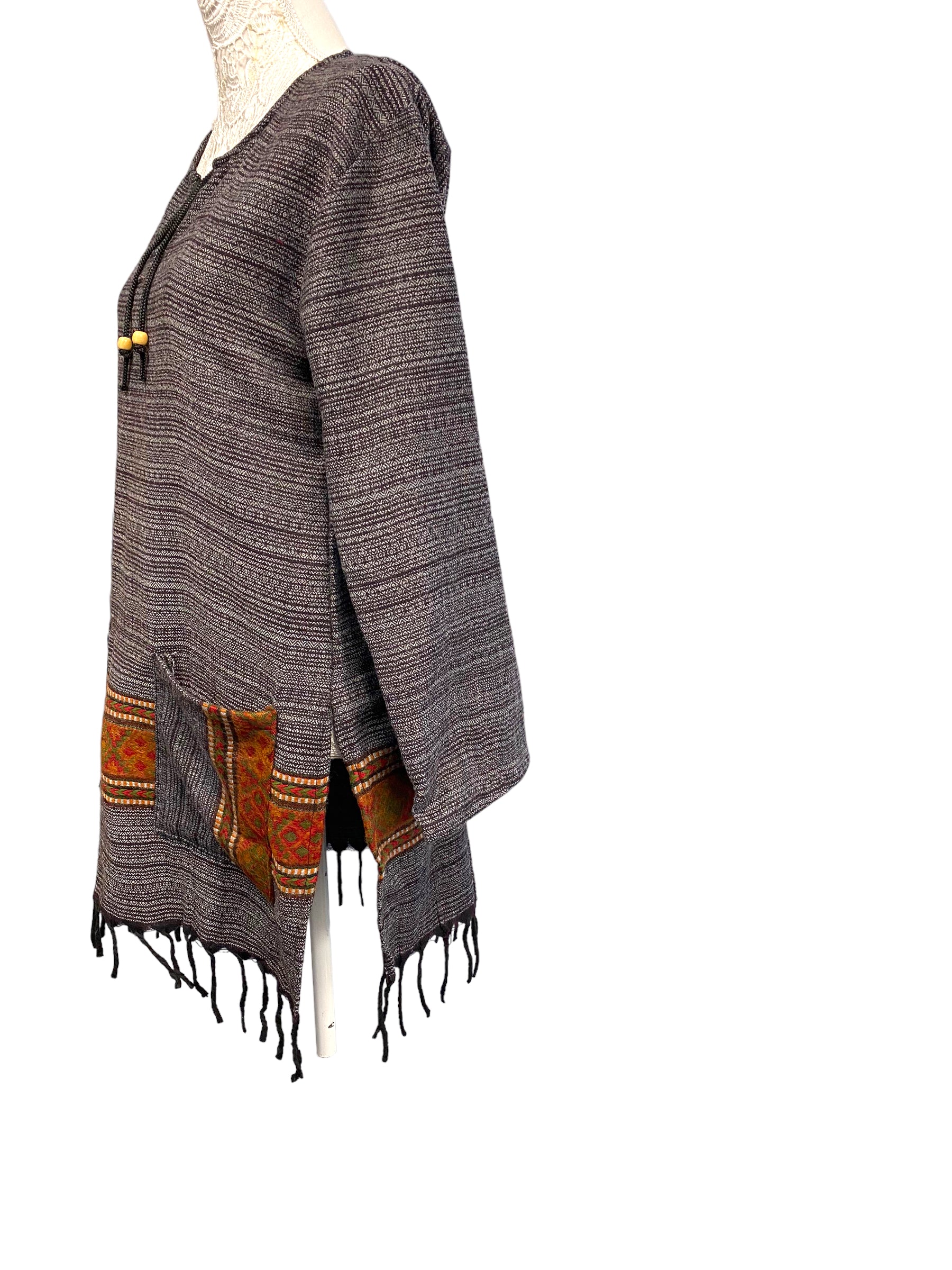 Festival Stall LTD Boho festival Clothing TUNIC Boho Hippie GREY JUMPER PULLOVER SWEATER winter warm tassel top 8 10 12 14