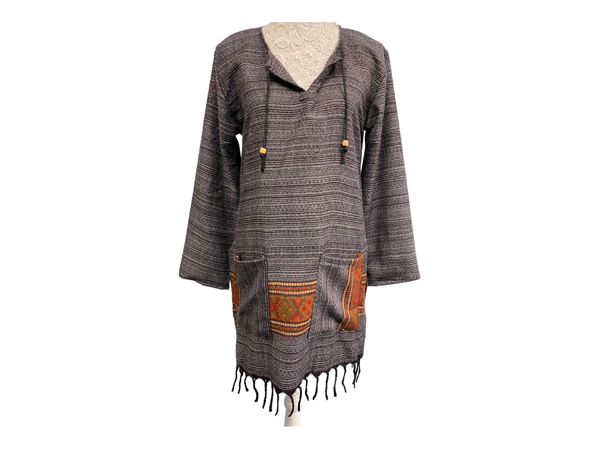 Festival Stall LTD Boho festival Clothing TUNIC Boho Hippie GREY JUMPER PULLOVER SWEATER winter warm tassel top 8 10 12 14