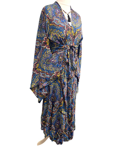 Boho hippie 100% silk kimono cover up wrap long gown robe dress duster coat blue