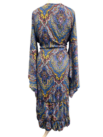 Boho hippie 100% silk kimono cover up wrap long gown robe dress duster coat blue