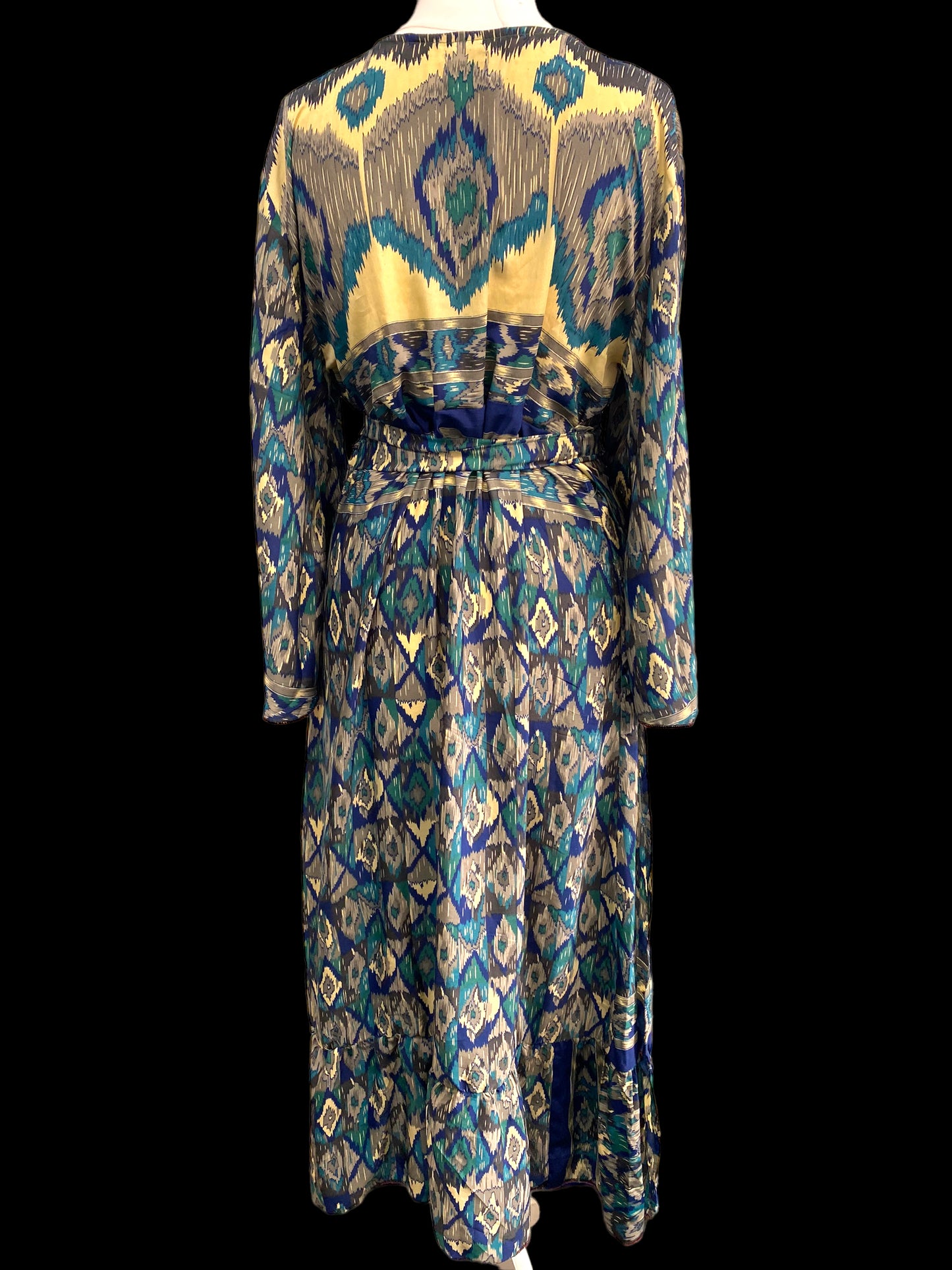 BLUE WRAP DRESS Vintage retro Bell Sleeve SARI SILK Boho Hippy Festival UK 14-20