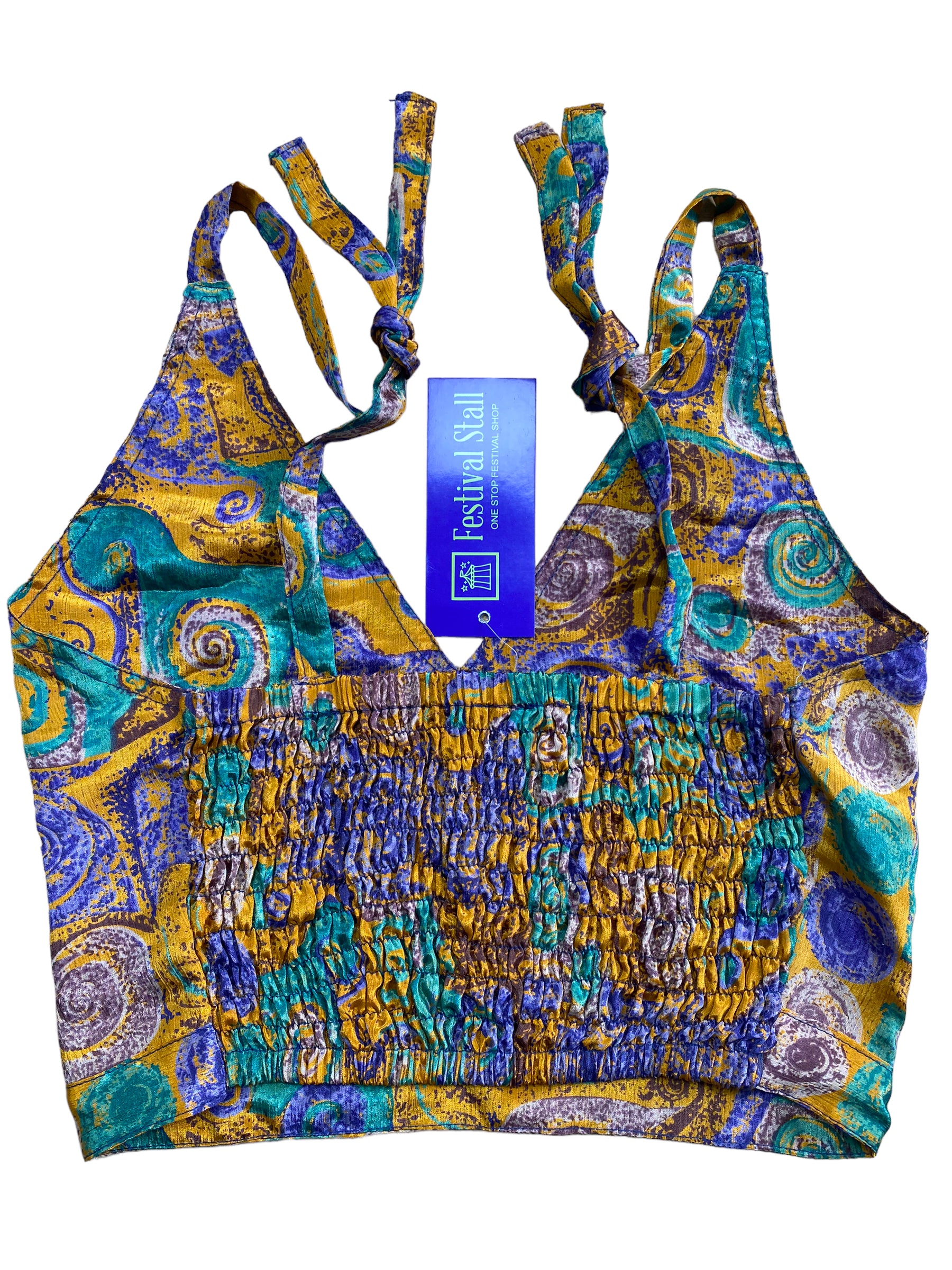 Festival Stall LTD Boho festival Clothing Pretty BLUE SILK Crop Top sexy Boho Hippy Festival summer sun vest UK 8 10 12